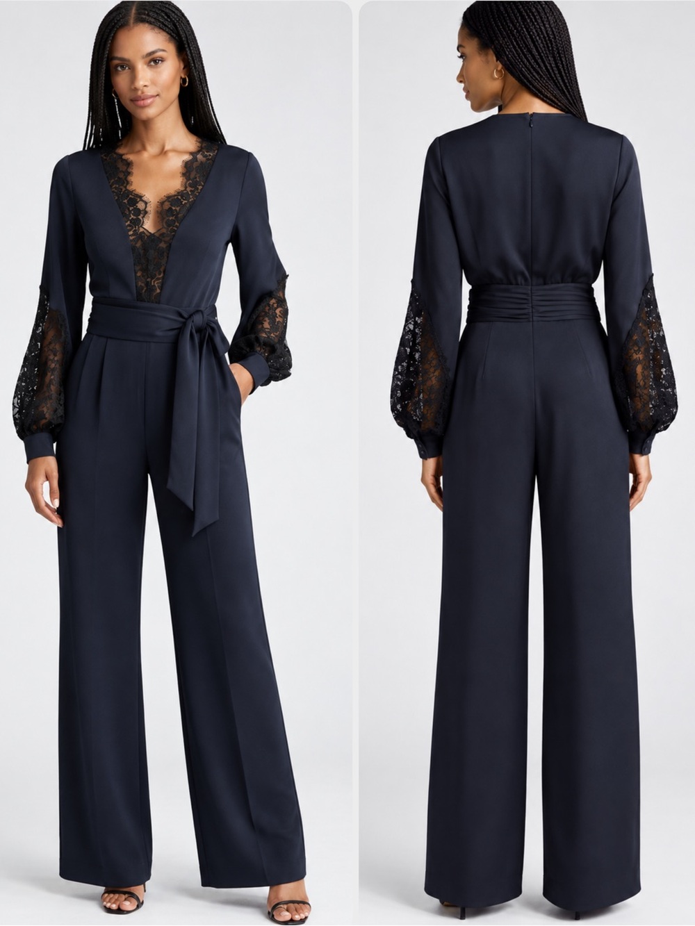 Ramy Brook Helen Lace-Trim Wide-Leg Navy Jumpsuit NWT $625